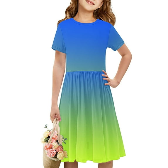 Spazoro Kids Girls A Line Dresses, Solid Color New Style Stretchy Wrinkle Short Sleeve Princess Dress for Child Girls Blue Size 4 T