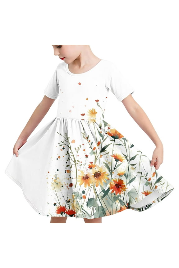Kids Girls A Line Dresses, Stretchy Wrinkle Floral Print Short Sleeve Fashion Princess Dress for Child Girls Multicolor Size 5 T