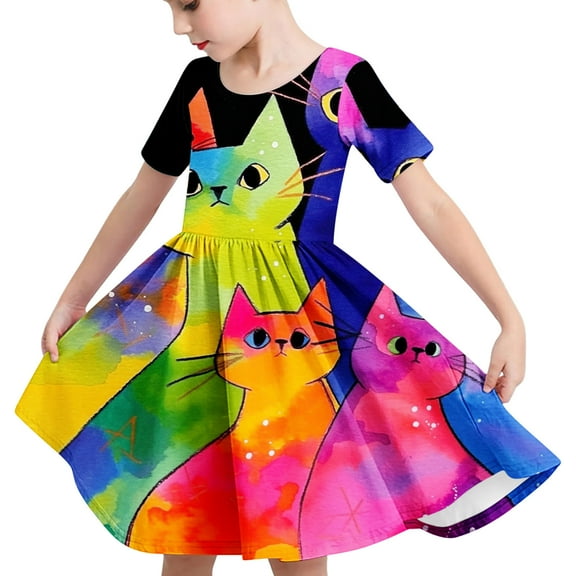 Spazoro Kids Girls A Line Dresses, Stretchy Wrinkle Short Sleeve Cat Print Fashion Princess Dress for Child Girls Multicolor Size 4 T