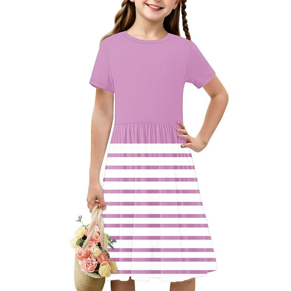 Spazoro Kids Girls A Line Dresses, Stretchy Wrinkle Striped New Style Short Sleeve Princess Dress for Child Girls Pink Size 4 T
