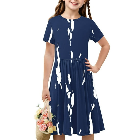 Spazoro Kids Girls A Line Dresses, Striped Short Sleeve Stretchy Wrinkle New Style Princess Dress for Child Girls Navy Size 13 T