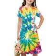 thumbnail image 1 of Spazoro Kids Girls A Line Dresses, Tie Dye New Style Short Sleeve Stretchy Wrinkle Princess Dress for Child Girls Multicolor Size 13 T, 1 of 7