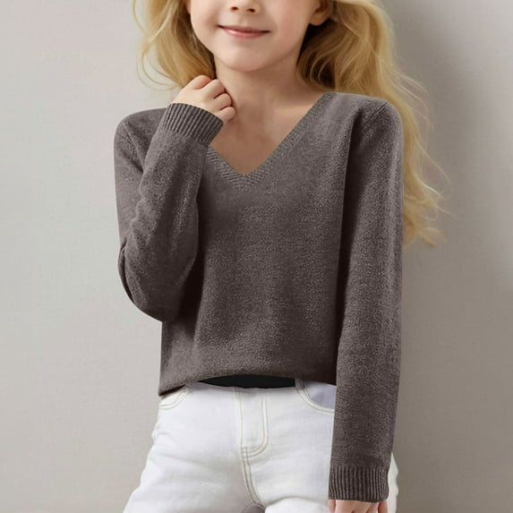 Spazoro Kids Girls Boys Sweaters, Casual Thickening Long Sleeve Crew Neck Warm Shirts for Child Girls Coffee Size 14-15T