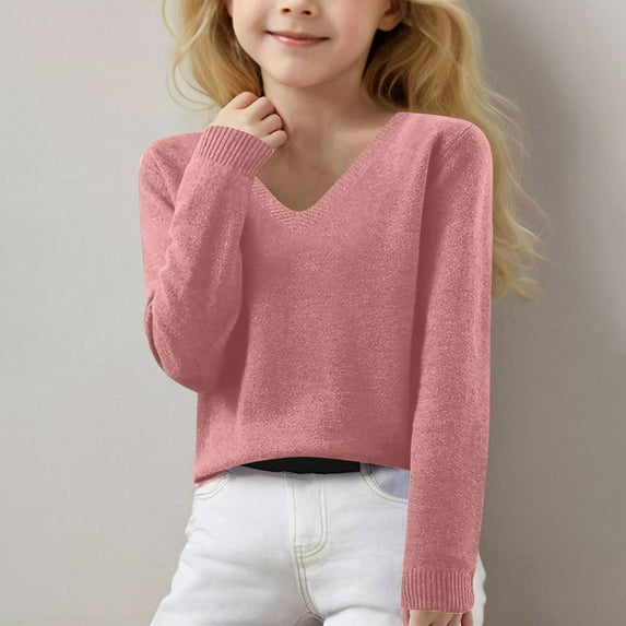 Spazoro Kids Girls Boys Sweaters, Crew Neck Casual Thickening Long Sleeve Warm Shirts for Child Girls Pink Size 6-7T