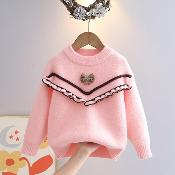 Spazoro Kids Girls Boys Sweaters, Crew Neck Thickening Long Sleeve Casual Warm Shirts for Child Girls Pink Size 5 T