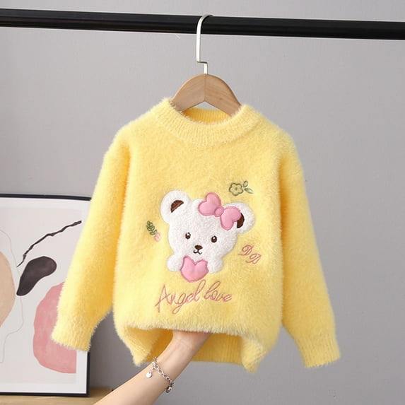 Spazoro Kids Girls Boys Sweaters, Thickening Casual Crew Neck Long Sleeve Warm Shirts for Child Girls Yellow Size 5 T