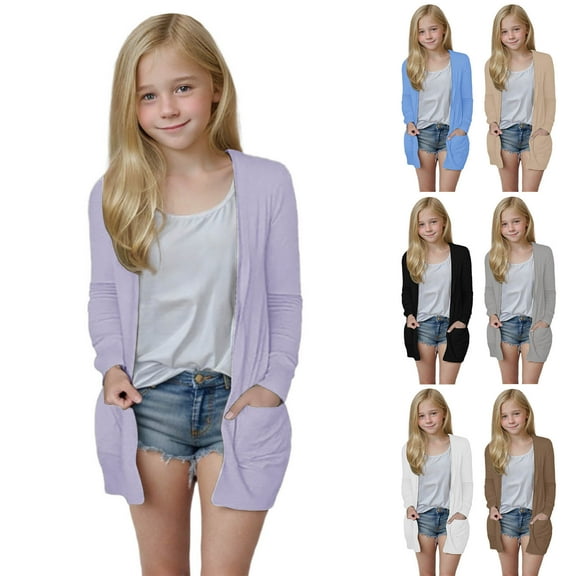 Spazoro Kids Girls Cardigan Sweaters, Open Front Long Sleeve with Pockets Solid Color Soft Knit Shrug for Dailywear Khaki Size 9 T