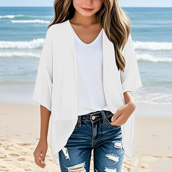 Spazoro Kids Girls Cardigan Sweaters, Solid Color 3/4 Sleeve Chiffon Open Front Soft Knit Shrug for Dailywear White Size 5-6T