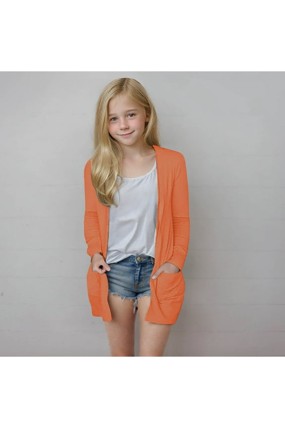 Kids Girls Cardigan Sweaters, Solid Color Open Front Long Sleeve with Pockets Soft Knit Shrug for Dailywear Orange Size 5 T