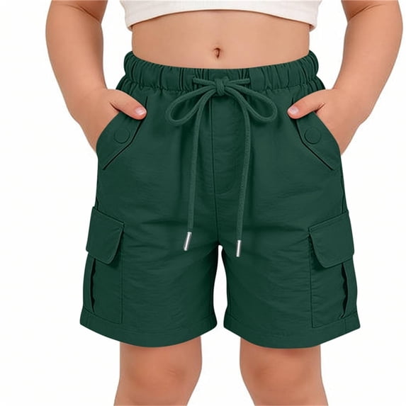 Spazoro Kids Girls Cargo Shorts with Multi-Pockets, Breathable Solid Color Elastic Drawstring Waist Casual Summer Shorts for Dailywear Green Size 9-10 T