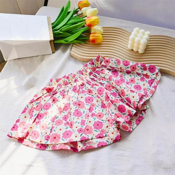Spazoro Kids Girls Casual Shorts, Homewear Printed Summer Elastic Waist Comfortable Fit Pants for Child Girls Boys Pink Size 5 T