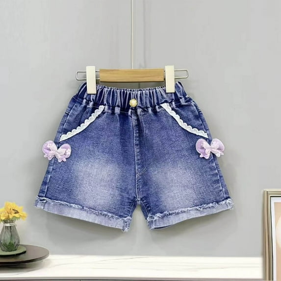 Spazoro Kids Girls Casual Shorts, Summer Elastic Waist Homewear Bowknot Comfortable Fit Pants for Child Girls Boys Blue Size 4 T