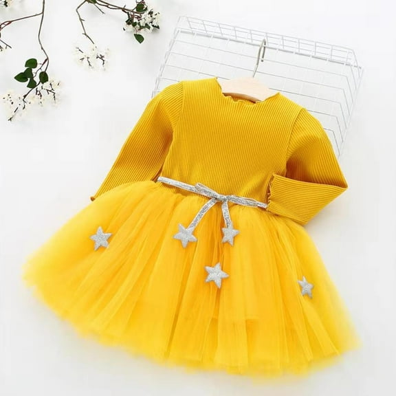 Spazoro Kids Girls Dress, Long Sleeve Mesh Dress Fall Winter Fashion Princess Dresses for Childs Girls Yellow Size 1-2T