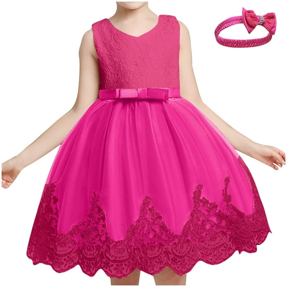 Spazoro Kids Girls Dress Skirts, 2025 Saving Princess Pageant Party Birthday Wedding Sleeveless 2PC Bowknot Mesh Dresses for Child Girls Hot Pink Size 8 T