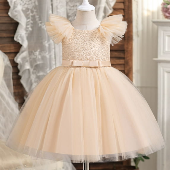 Spazoro Kids Girls Dress Skirts, 2025 Saving Sleeveless Solid Color Princess Pageant Party Birthday Wedding Mesh Dresses for Child Girls Beige Size 7 T