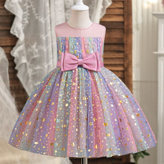 Spazoro Kids Girls Dress Skirts, Sleeveless Princess Pageant Party Birthday Wedding Solid Color Stars Sequin Mesh Dresses for Child Girls Pink Size 7 T