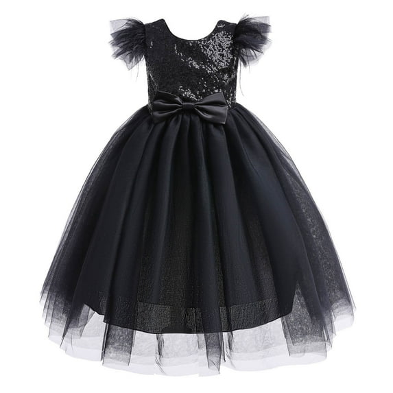 Spazoro Kids Girls Dress Skirts, Sleeveless Solid Color Princess Pageant Party Birthday Wedding Sequin Mesh Dresses for Child Girls Black Size 11 T