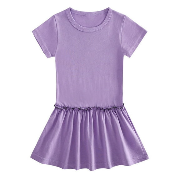 Spazoro Kids Girls Dresses, New Style Round Neck Solid Color Short Sleeve Princess Dress for Child Girls Purple Size 5 T