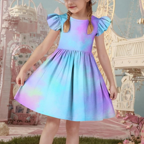 Spazoro Kids Girls Dresses, 2025 New Style Round Neck with Gradient Color Flutter Sleeves Princess Dress for Child Girls Blue Size 9 T