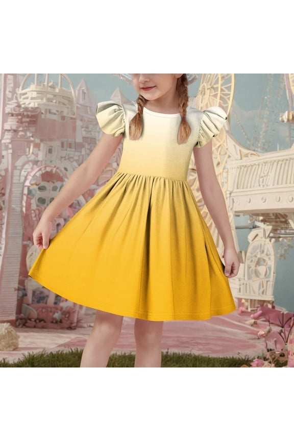 Kids Girls Dresses, 2025 New Style Round Neck with Gradient Color Flutter Sleeves Princess Dress for Child Girls Yellow Size 12 T
