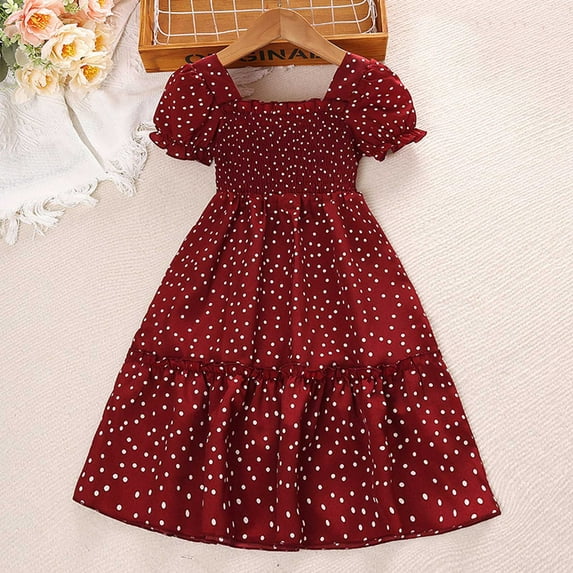 Spazoro Kids Girls Dresses, New Style Short Sleeve Solid Color Round Neck Princess Dress for Child Girls Red Size 10 T