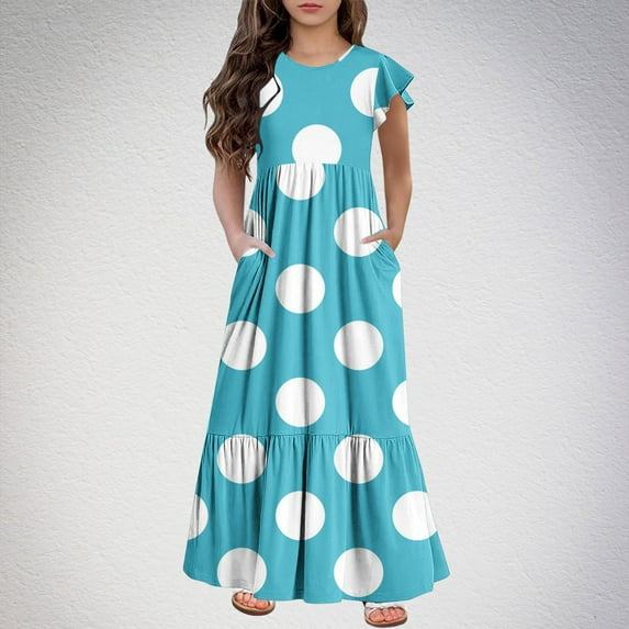 Spazoro Kids Girls Dresses, Fashion Printed Round Neck Short Sleeve Princess Dress for Child Girls Light Blue Size 12 T