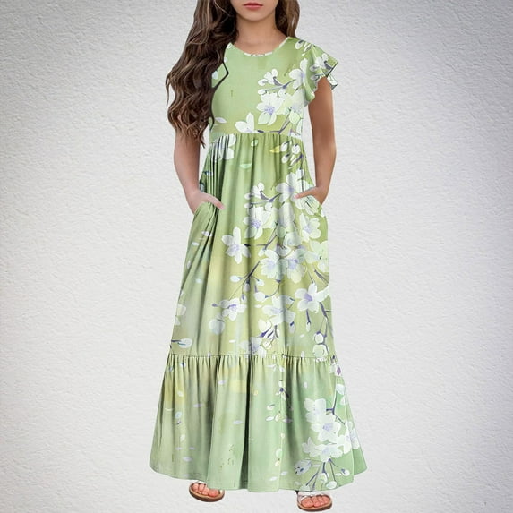 Spazoro Kids Girls Dresses, Fashion Round Neck Floral Print Short Sleeve Princess Dress for Child Girls Green Size 9-10T