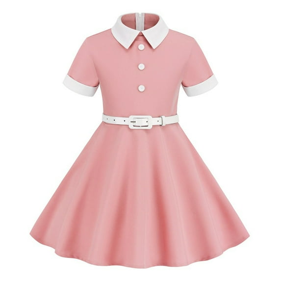Spazoro Kids Girls Dresses, Fashion Round Neck Short Sleeve Solid Color Princess Dress for Child Girls Pink Size 7-8T
