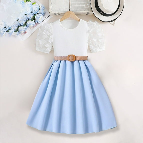 Spazoro Kids Girls Dresses, Fashion Solid Color Puff Sleeve Round Neck Princess Dress for Child Girls Blue Size 10 T