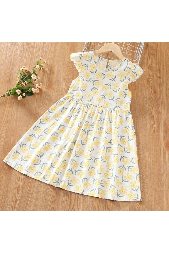 Kids Girls Dresses, Floral Print Short Sleeve Fashion Round Neck Princess Dress for Child Girls Yellow Size 7 T