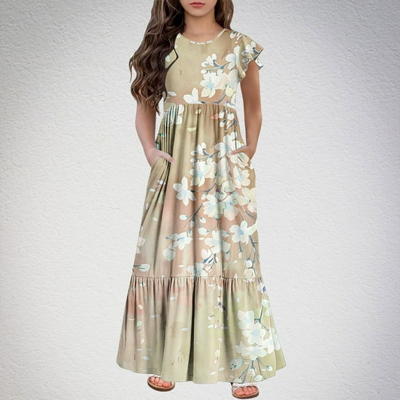 Spazoro Kids Girls Dresses, Floral Print Short Sleeve Fashion Round Neck Princess Dress for Child Girls Yellow Size 9-10T