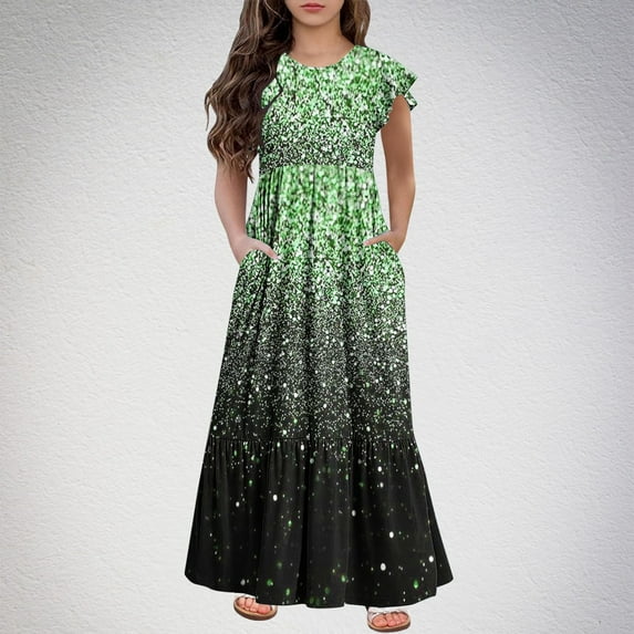 Spazoro Kids Girls Dresses, Round Neck Fashion Short Sleeve Floral Print Princess Dress for Child Girls Green Size 9-10T