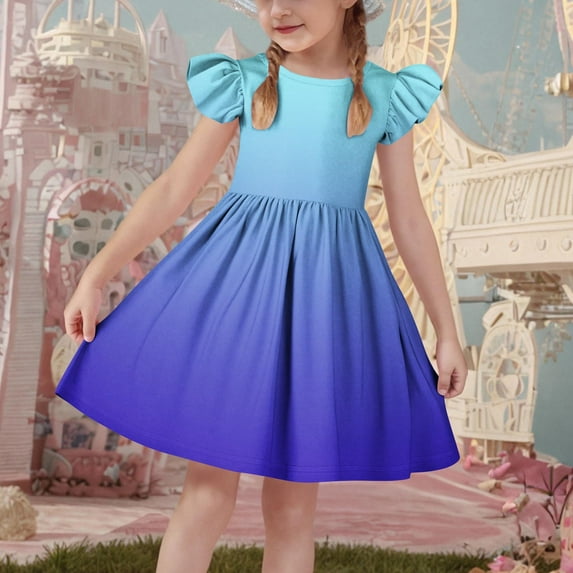 Spazoro Kids Girls Dresses, Round Neck Flutter Sleeves with Gradient Color 2025 New Style Princess Dress for Child Girls Blue Size 11 T