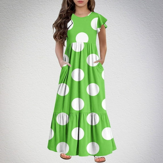 Spazoro Kids Girls Dresses, Round Neck Printed Fashion Short Sleeve Princess Dress for Child Girls Green Size 10 T