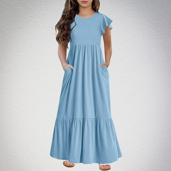 Spazoro Kids Girls Dresses, Round Neck Short Sleeve Fashion Solid Color Princess Dress for Child Girls Light Blue Size 12 T