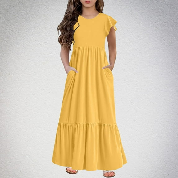 Spazoro Kids Girls Dresses, Round Neck Short Sleeve Fashion Solid Color Princess Dress for Child Girls Yellow Size 8 T