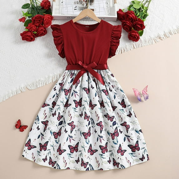 Spazoro Kids Girls Dresses, Round Neck Short Sleeve Floral Print New Style Princess Dress for Child Girls Red Size 10 T