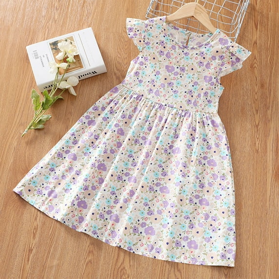 Spazoro Kids Girls Dresses, Round Neck Short Sleeve Floral Print Fashion Princess Dress for Child Girls Purple Size 5 T