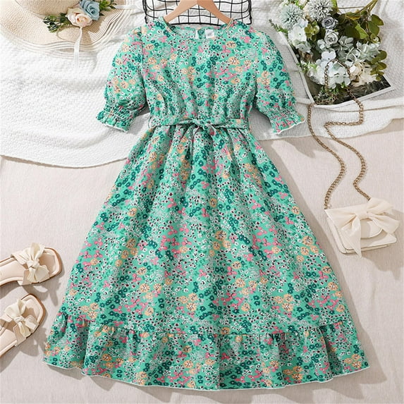 Spazoro Kids Girls Dresses, Round Neck Solid Color New Style Puff Sleeve Princess Dress for Child Girls Green Size 12 T