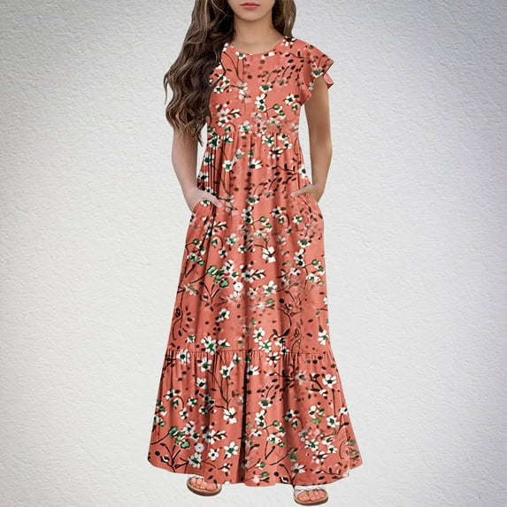 Spazoro Kids Girls Dresses, Short Sleeve Fashion Floral Print Round Neck Princess Dress for Child Girls Red Size 9-10T