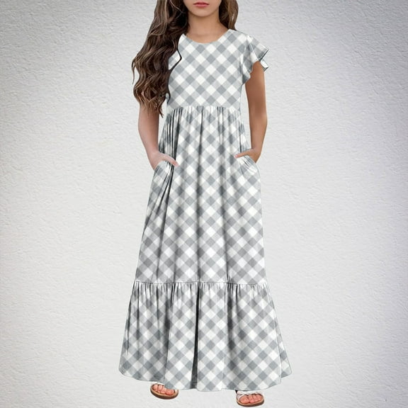 Spazoro Kids Girls Dresses, Short Sleeve Fashion Round Neck Plaid Princess Dress for Child Girls Gray Size 12 T