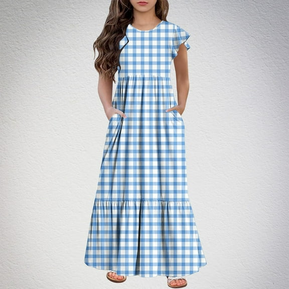 Spazoro Kids Girls Dresses, Short Sleeve Fashion Round Neck Plaid Princess Dress for Child Girls Sky Blue Size 9-10T