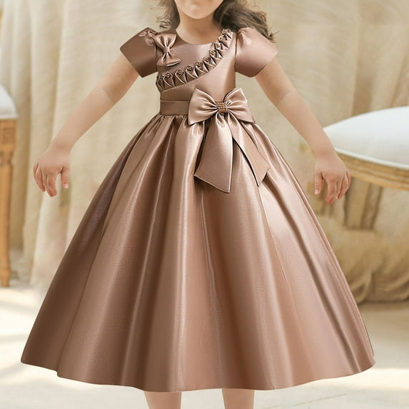 Spazoro Kids Girls Dresses, Short Sleeve Fashion Solid Color Butterfly Round Neck Princess Dress for Child Girls Coffee Size 11-12T