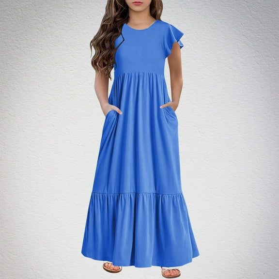 Spazoro Kids Girls Dresses, Short Sleeve Fashion Solid Color Round Neck Princess Dress for Child Girls Blue Size 12 T