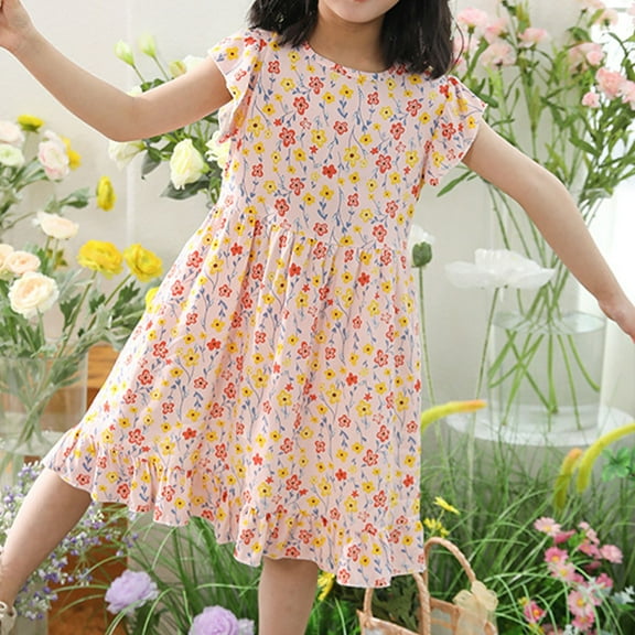 Spazoro Kids Girls Dresses, Short Sleeve Floral Print Round Neck Fashion Princess Dress for Child Girls Orange Size 7 T