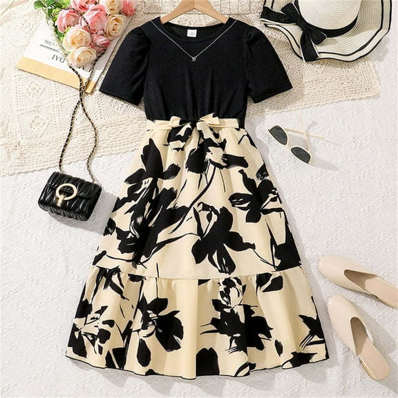 Spazoro Kids Girls Dresses, Short Sleeve Round Neck New Style Floral Print Princess Dress for Child Girls Black Size 11 T