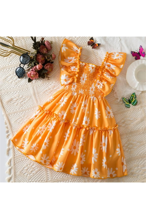 Kids Girls Dresses, Short Sleeve Round Neck New Style Floral Print Princess Dress for Child Girls Orange Size 5 T