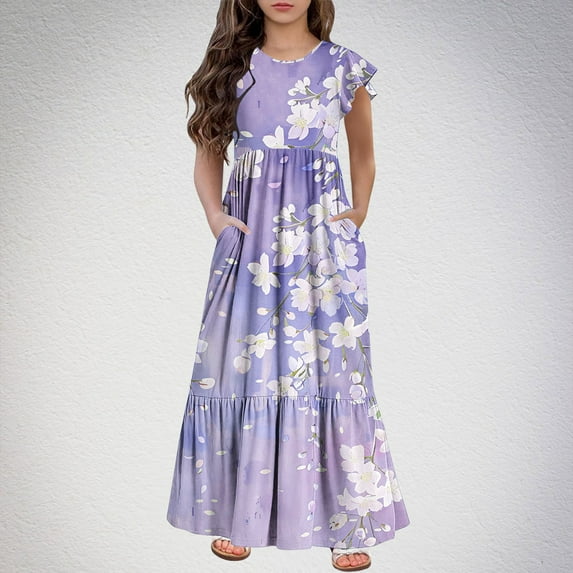 Spazoro Kids Girls Dresses, Short Sleeve Round Neck Fashion Floral Print Princess Dress for Child Girls Purple Size 7-8T