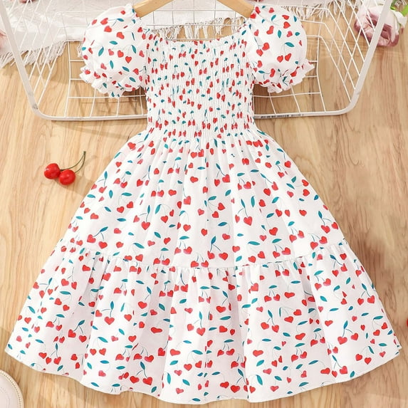 Spazoro Kids Girls Dresses, Short Sleeve Round Neck Fashion Floral Print Princess Dress for Child Girls Red Size 5 T