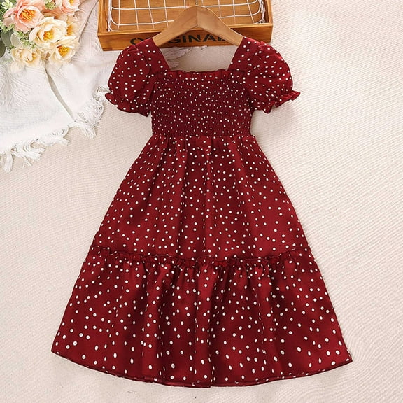 Spazoro Kids Girls Dresses, Short Sleeve Round Neck Solid Color New Style Princess Dress for Child Girls Red Size 8 T